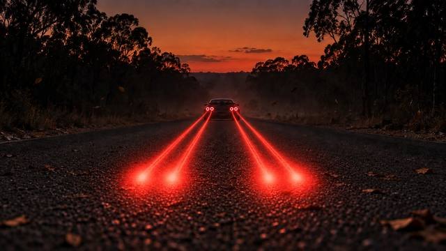 The finished banner frame, a white R32 driving away at dusk leaving red light trails