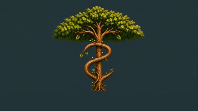 A wooden tree logo carrying a full green canopy, the last frame of the growth animation