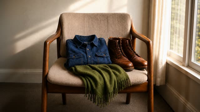 A timber armchair holding a folded denim shirt, green scarf and brown boots in warm light