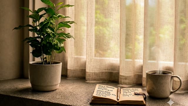 A sunlit windowsill with a green plant, an open journal and a steaming mug