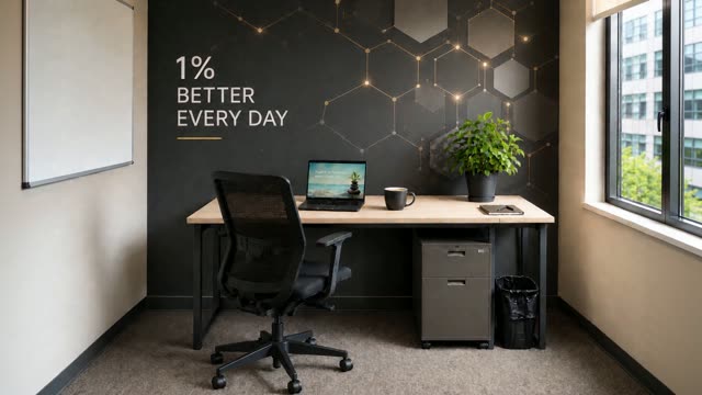 A clean energised office with a charcoal hexagon feature wall, a healthy plant and a lit laptop