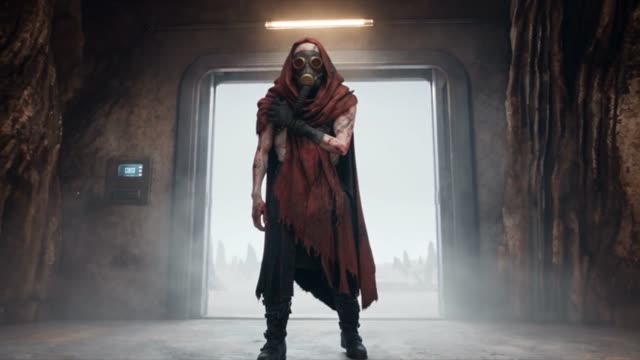 A figure in a red hooded cloak and gas mask silhouetted in the open doorway of a cave saloon