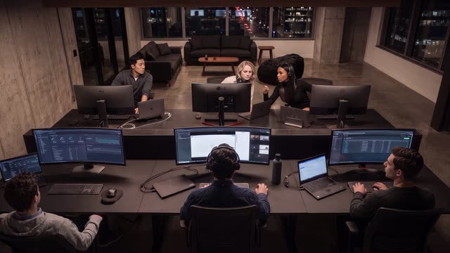 An overhead view of six people working at a long shared desk in an office at night