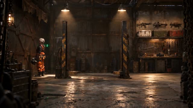 A mechanic in a workshop at night, the roller door sealed behind her